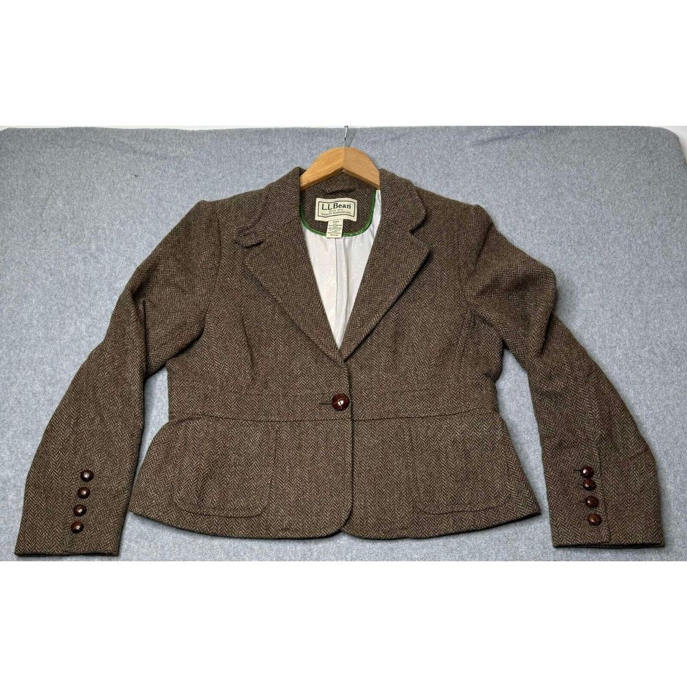 VTG LL Bean Blazer Womens 16P Brown Tweed Wool Equestrian 100% Shetland Wool